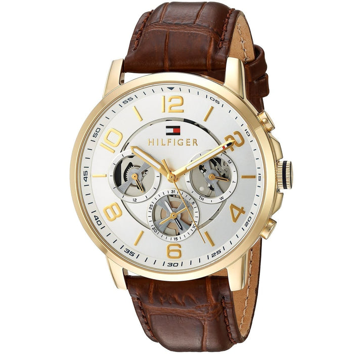 Mens / Gents Keagan White Dial Brown Leather Strap Tommy Hilfiger Designer Watch 1791291