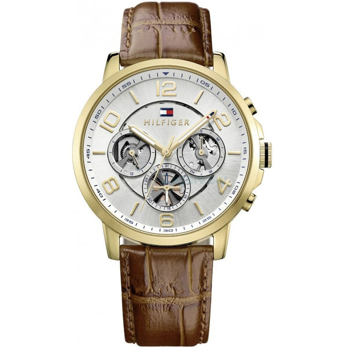 Mens / Gents Keagan White Dial Brown Leather Strap Tommy Hilfiger Designer Watch 1791291