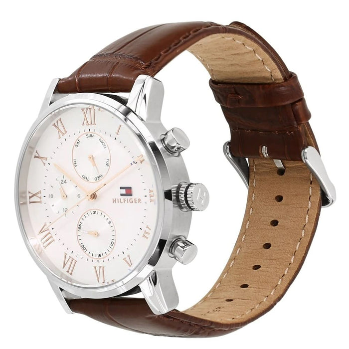 Mens / Gents Kane White & Brown Leather Strap Tommy Hilfiger Designer Watch 1791400