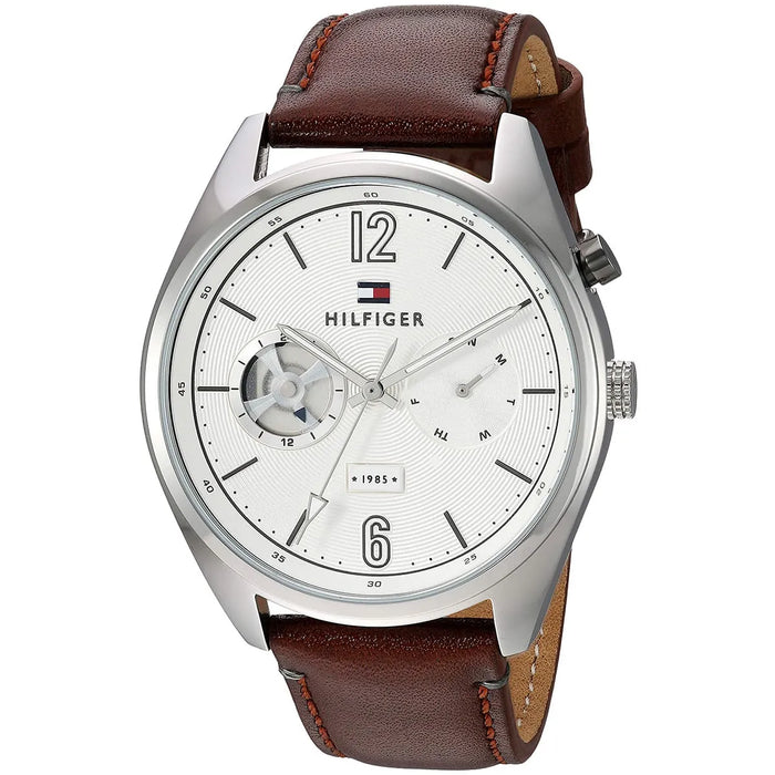 Mens / Gents Deacan White Dial Brown Leather Strap Tommy Hilfiger Designer Watch 1791550