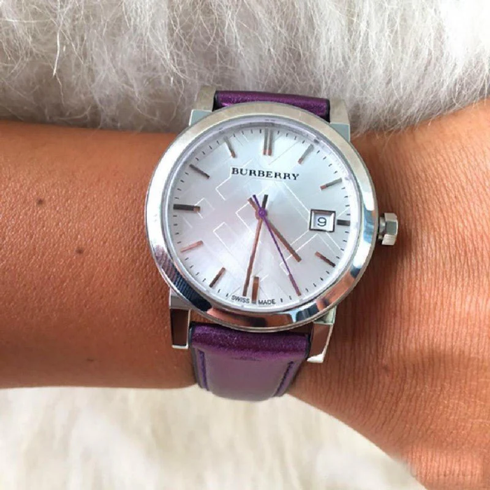 Burberry BU9122 Purple Leather Strap Silver Dial Ladies Watch