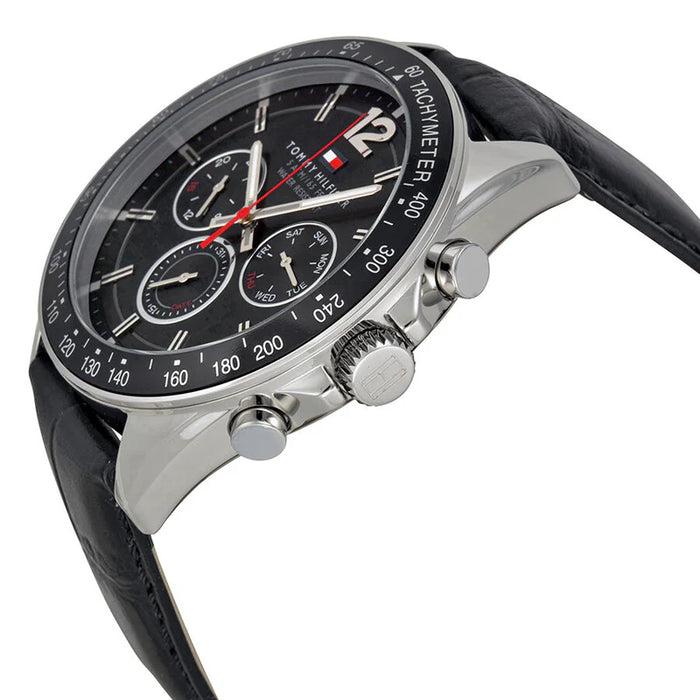 Mens / Gents Black Leather Chronograph Tommy Hilfiger Designer Watch 1791117